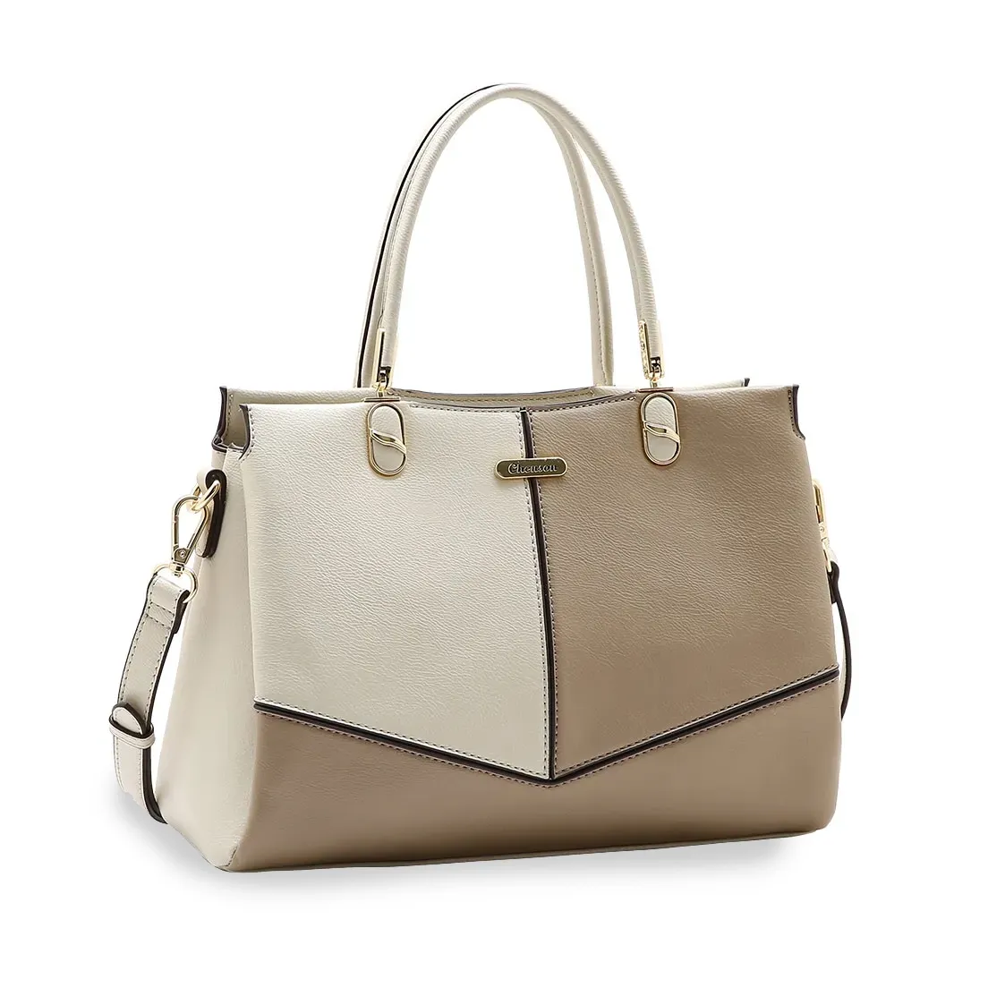 Bolsa feminina Chenson Patchwork Clássico off white com detalhes bege, vista frontal lateral direita